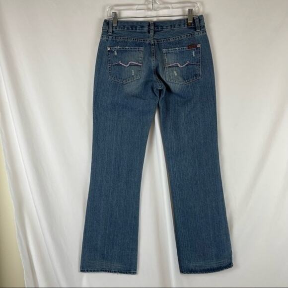 7 For All Mankind Low Rise Bootcut Medium Factory Distressed Wash Jeans Size 30 - Picture 4 of 10
